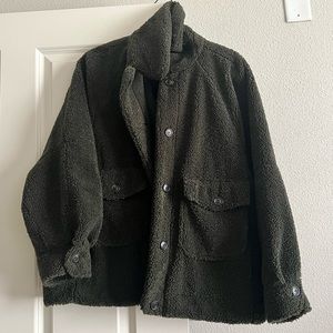 Zara Textured Fleece Button Jacket in Olive Green